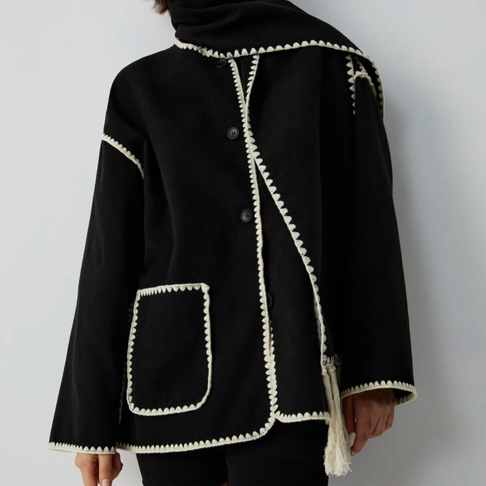 Size L | Oversized Contrast Black & White Jacket + Matching Scarf Chic Contrast